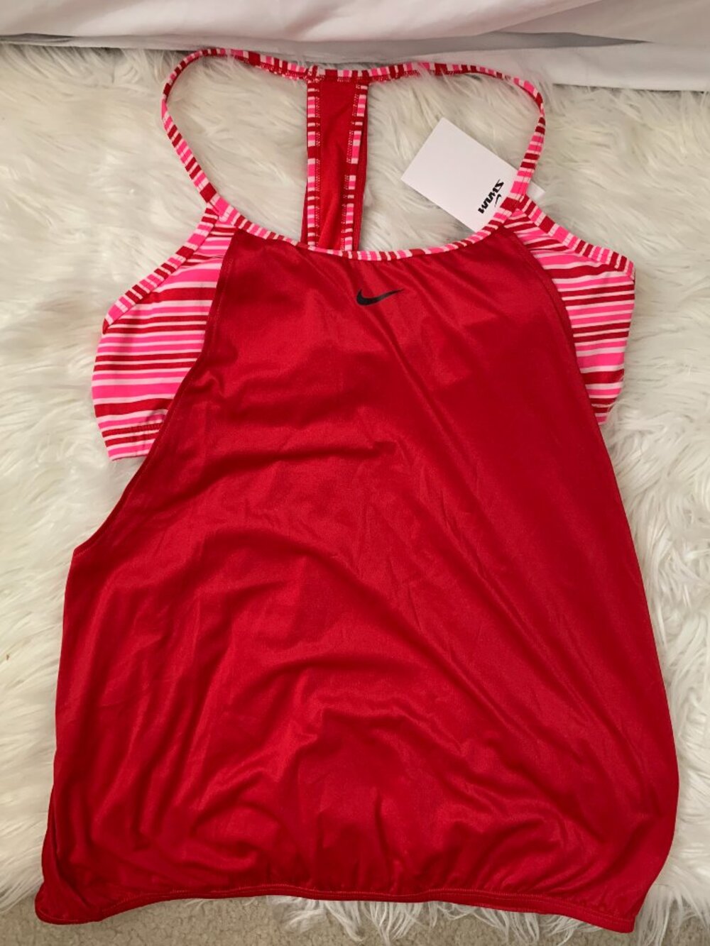 NIKE SWIM Layered Striped Tankini Top in Red Multi Sz LARGE